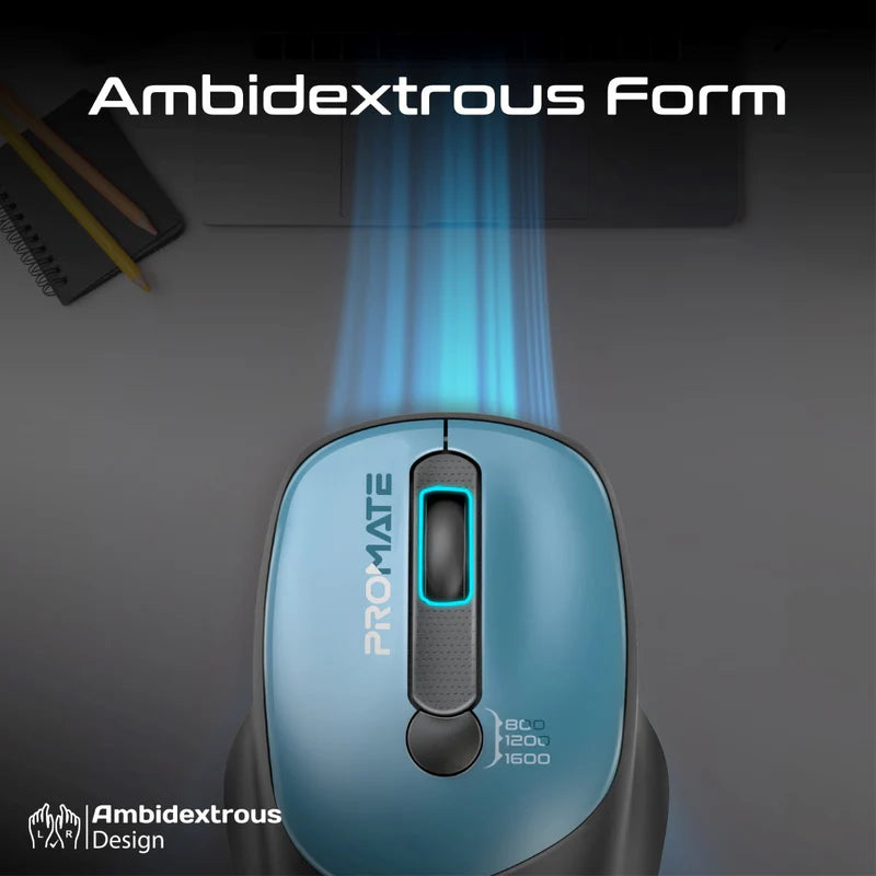 PROMATE UniGlide EZGrip Ergonomic Wireless Mouse - 1600dpi / Blue
