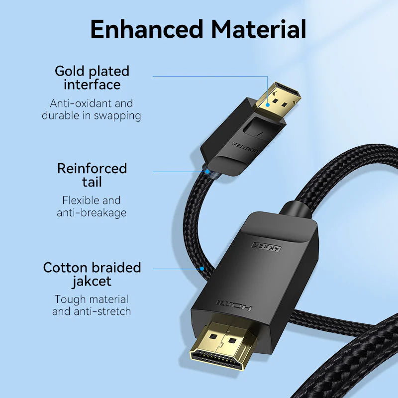 Vention Cotton Braided HDMI Male To DisplayPort Male Cable - 4K / 2 Meter / Black