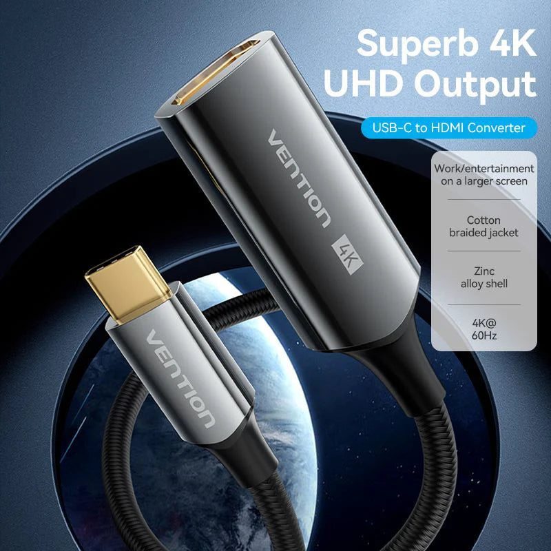 Vention Cotton Braided USB-C to HDMI 4K Converter - 0.25 Meter / Black