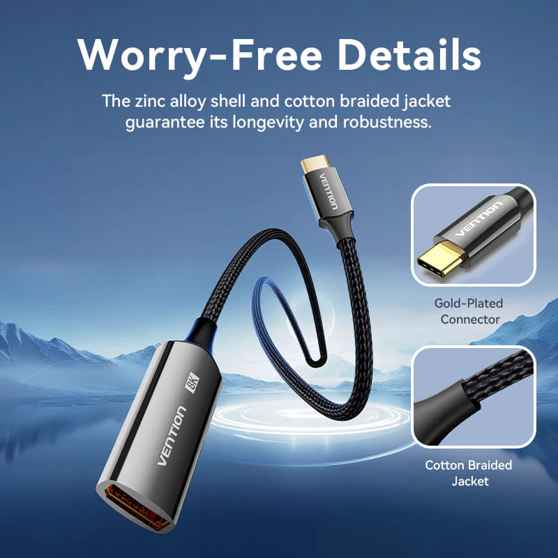 Vention Cotton Braided USB-C to DisplayPort Adapter  - 8K / 0.25 Meter / Black