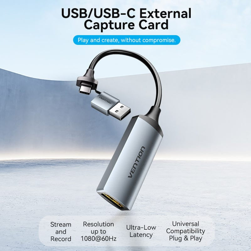 Vention HDMI-A to USB-C/USB-A Video Capture - 8K / 480Mbps / Gray