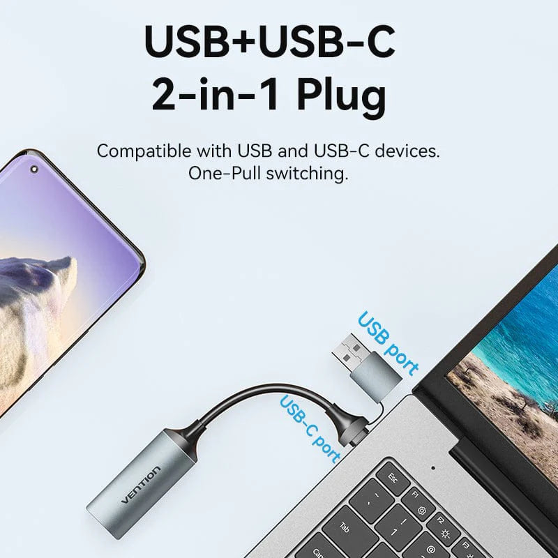 Vention HDMI-A to USB-C/USB-A Video Capture - 8K / 480Mbps / Gray