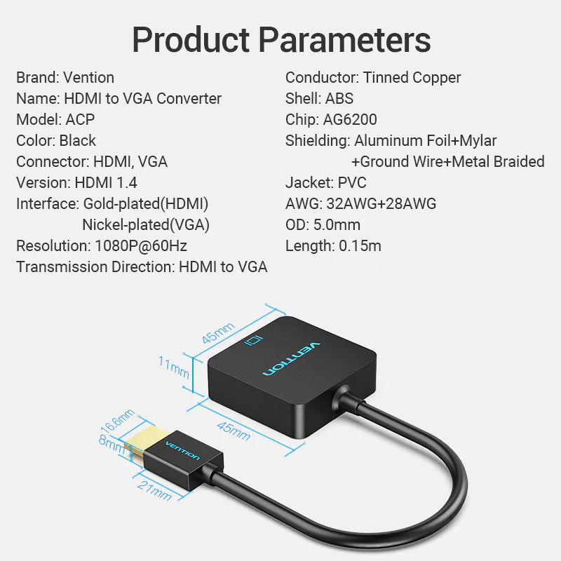 Vention HDMI-A to VGA Video Capture - 1080P / 0.15 Meter / Black