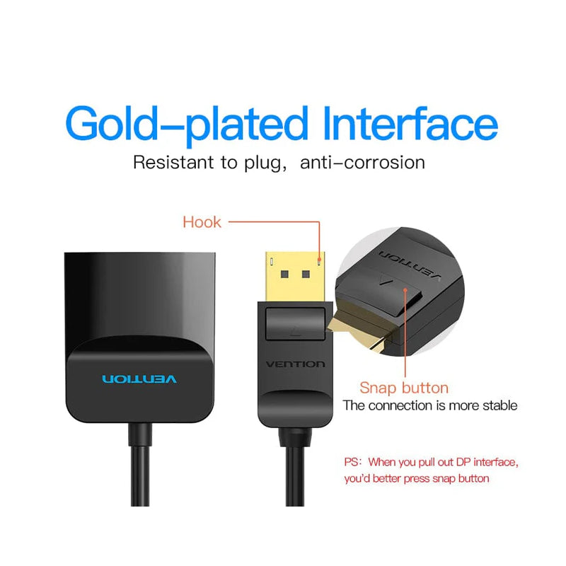محول فينشن من ديسبلاي بورت إلى HDMI، 1080P، بطول 0.15 متر، باللون الأسود