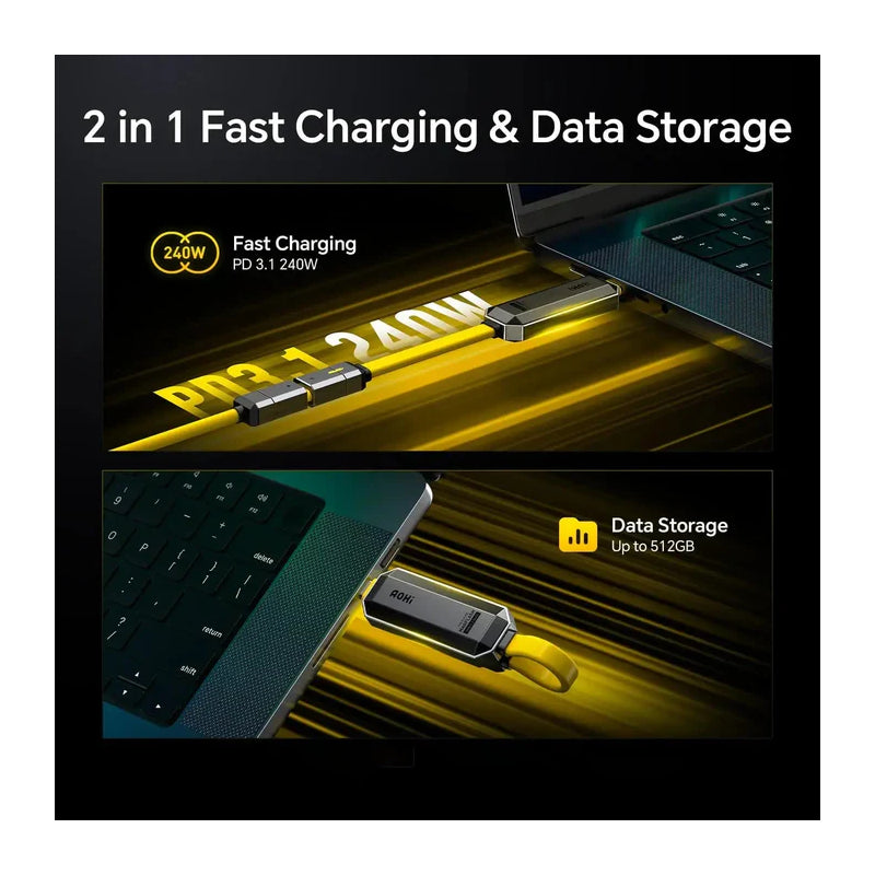 AOHi Future Magflash 2-in-1 Charging & Data Storage Cable - 240W / USB-C / 1000MB/s / Yellow