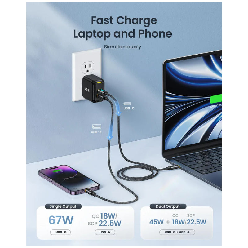 AOHi Magcube Dual-Port Foldable GaN Charger - 67W / USB-C / USB-A / Yellow