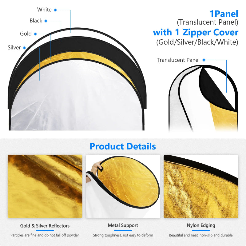 NEEWER 5 in 1 Portable Lighting Reflector/Diffuser Kit - 80 x 120cm