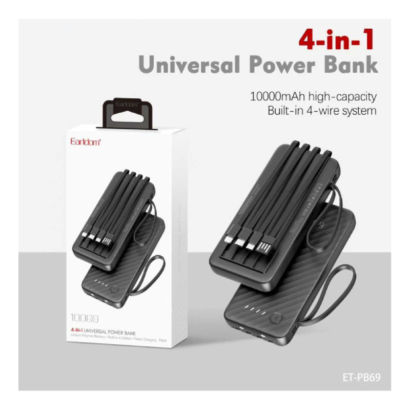 Earldom ET-PB69 Power Bank With Built-in Cable - 10000mAh / USB-C / Lightning / Micro-USB