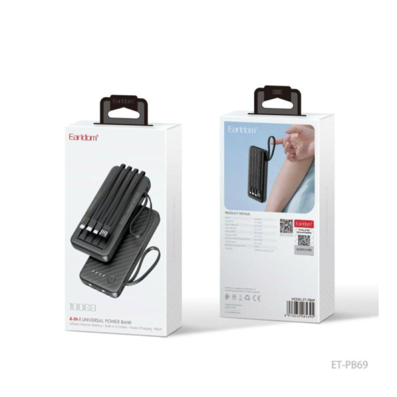 Earldom ET-PB69 Power Bank With Built-in Cable - 10000mAh / USB-C / Lightning / Micro-USB
