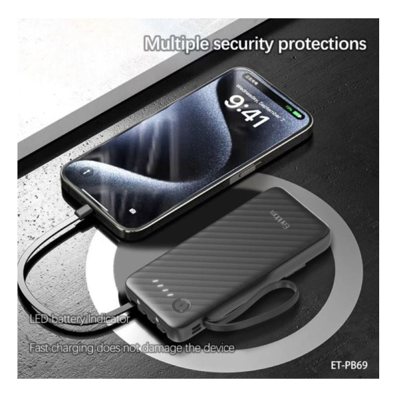 Earldom ET-PB69 Power Bank With Built-in Cable - 10000mAh / USB-C / Lightning / Micro-USB