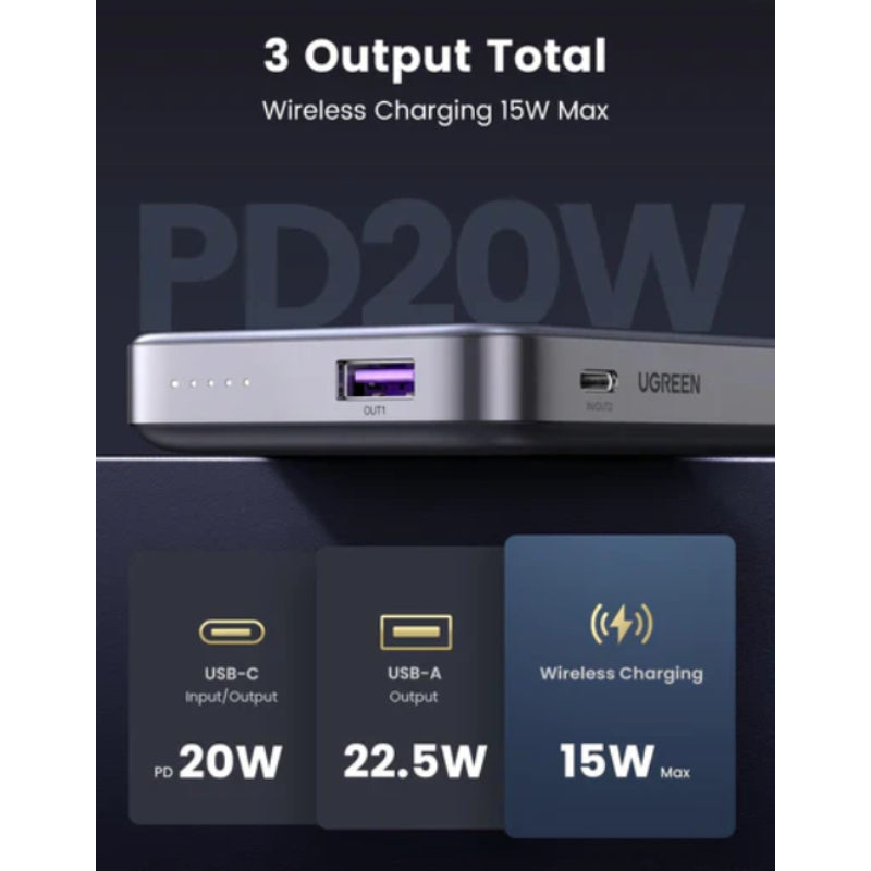 UGREEN PB206 Magnetic Wireless Power Bank - 10,000mAh / 15W / USB-C / Space Grey