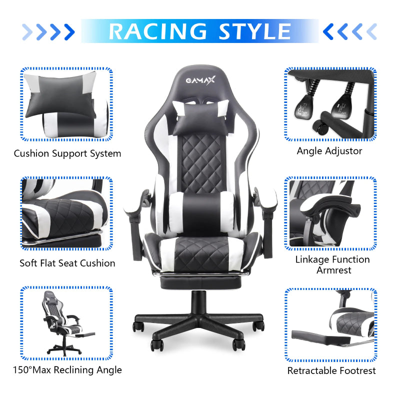Gamax Gaming Chair 1-LT001L with Linkage Function Armrest And Retactable Footrest - White