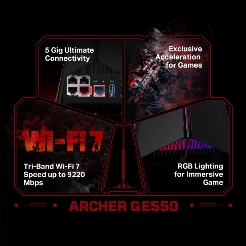 TP-Link Archer GE550 (BE9300 ) Tri-Band Wi-Fi 7 Gaming Router - 6GHz (5764 Mbps) / USB3.0 / Gigabit WAN / Gigabit LAN