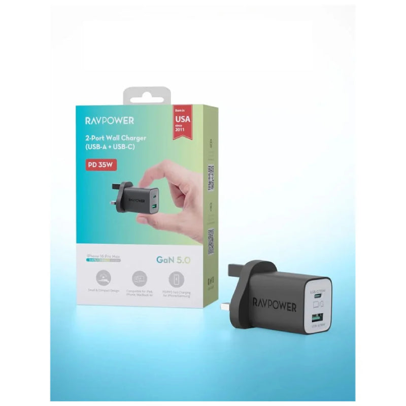 RAVPower Pioneer 2-Port Wall Charger - 35W / USB-A / USB-C / Black