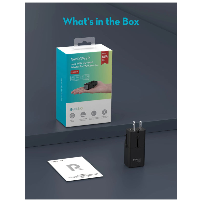 RAVPower Super Mini Travel Adapter - 30W / USB-C / Black