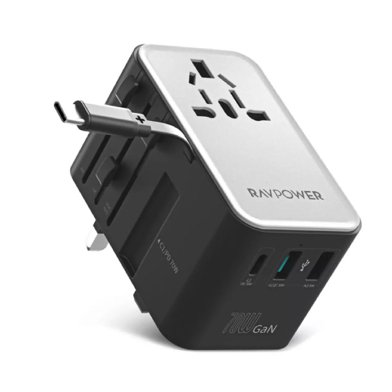 RAVPower GaN Travel Charger with Cable - 70W / USB-C / USB-A / Black