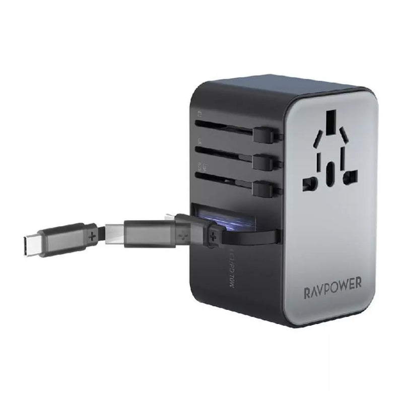 RAVPower GaN Travel Charger with Cable - 70W / USB-C / USB-A / Black