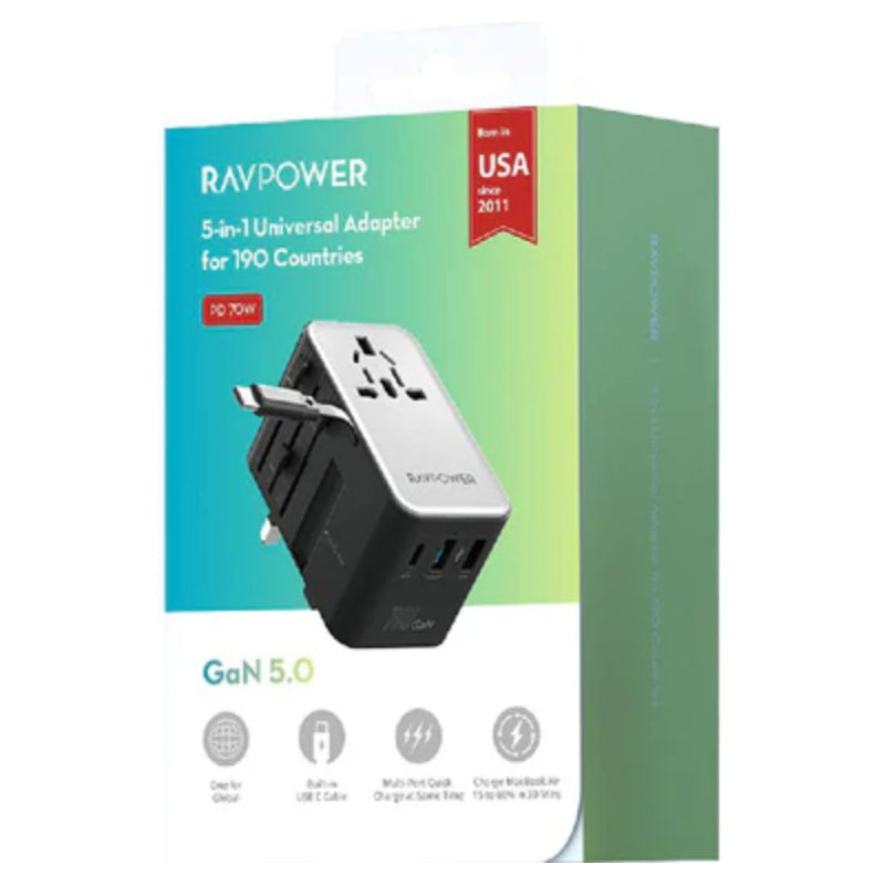 RAVPower GaN Travel Charger with Cable - 70W / USB-C / USB-A / Black