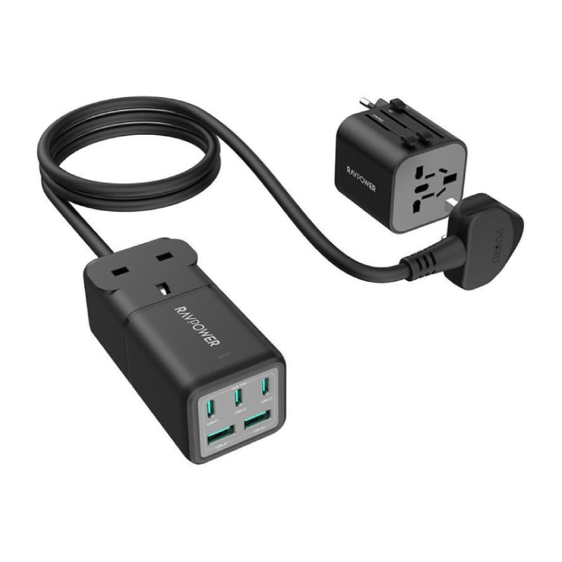 RAVPower 5-Port Power Strip with Travel Charger Adapter - 75W / USB-C / USB-A / Black