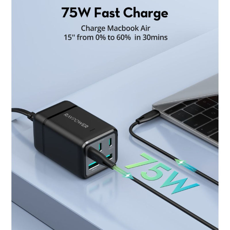 RAVPower 5-Port Power Strip with Travel Charger Adapter - 75W / USB-C / USB-A / Black