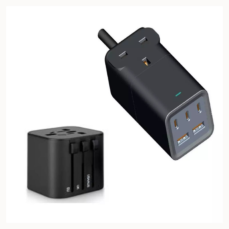 RAVPower 5-Port Power Strip with Travel Charger Adapter - 75W / USB-C / USB-A / Black