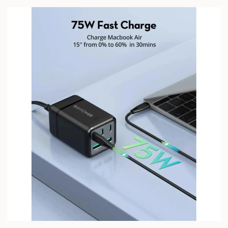 RAVPower 5-Port Portable Charger - 75W / USB-C / USB-A / Black