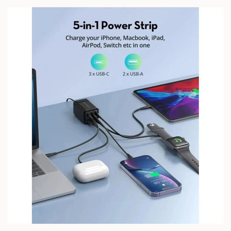 RAVPower 5-Port Portable Charger - 75W / USB-C / USB-A / Black