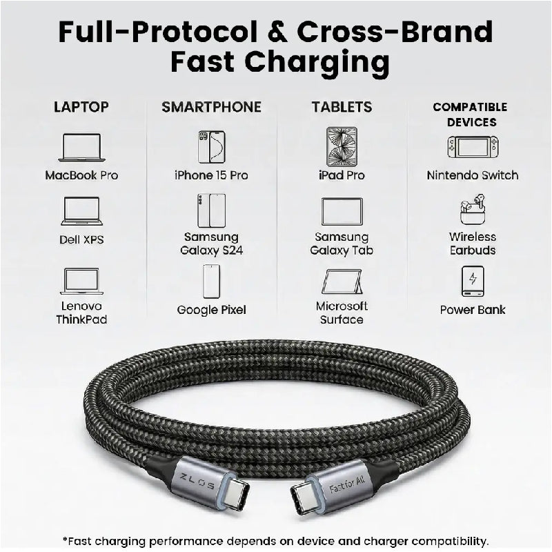 ZLOS Super Fast Charging Cable - 100W / USB-C / 1.2 Meter / Black