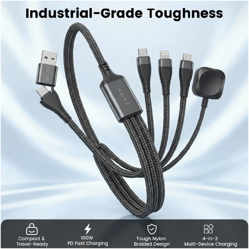 ZLOS Braided Data Charging Cable - 100W / USB-C / Lightning / Micro-USB / Magnetic Watch Charger / Black