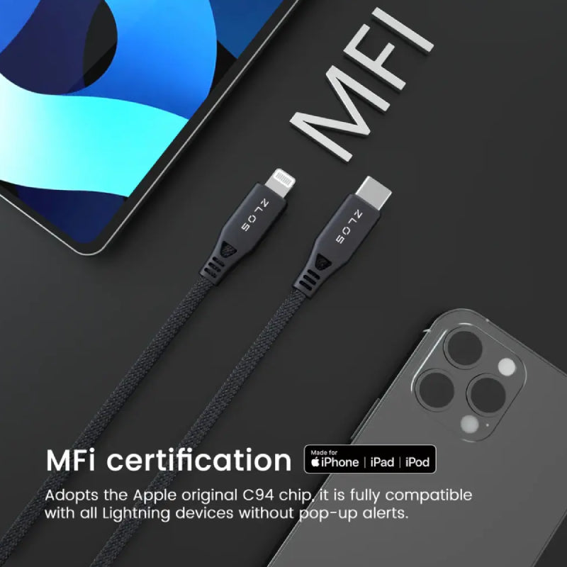 ZLOS Charging Cable With Leather Strap - USB-C / Lightning / 1.2 Meter / Black