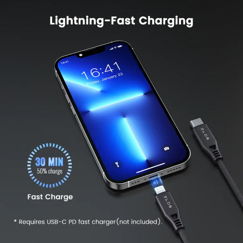 ZLOS Charging Cable With Leather Strap - USB-C / Lightning / 1.2 Meter / Black