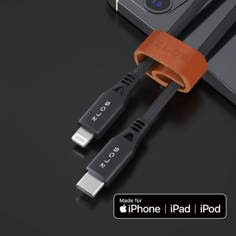 ZLOS Charging Cable With Leather Strap - USB-C / Lightning / 1.2 Meter / Black