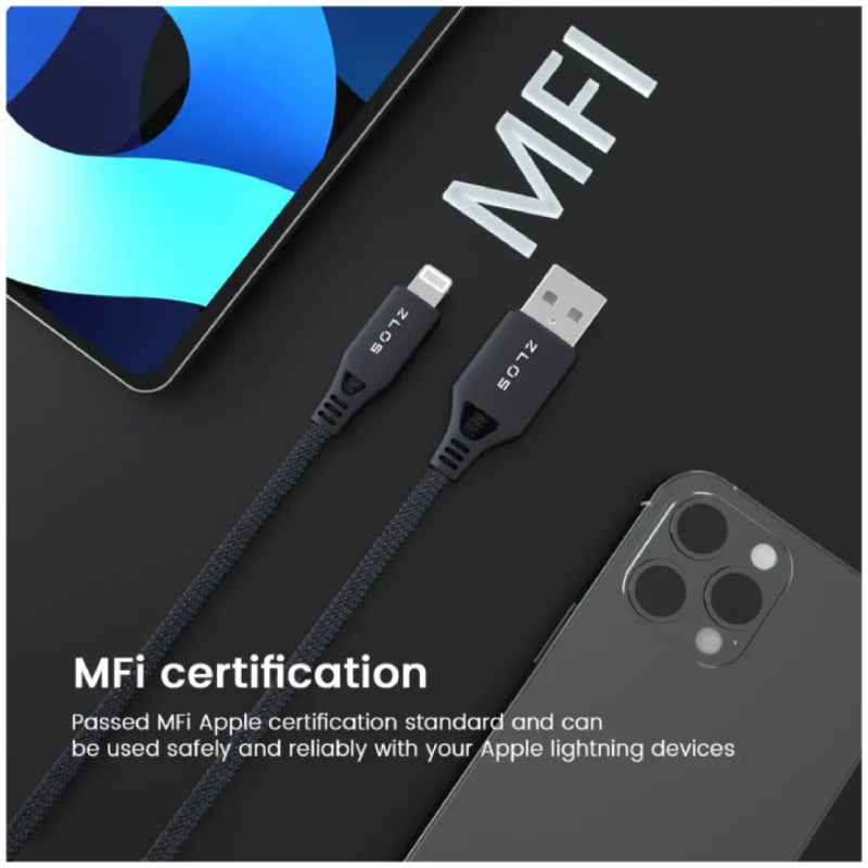 ZLOS Charging Cable With Leather Strap - USB-A / Lightning / 1.2 Meter / Black