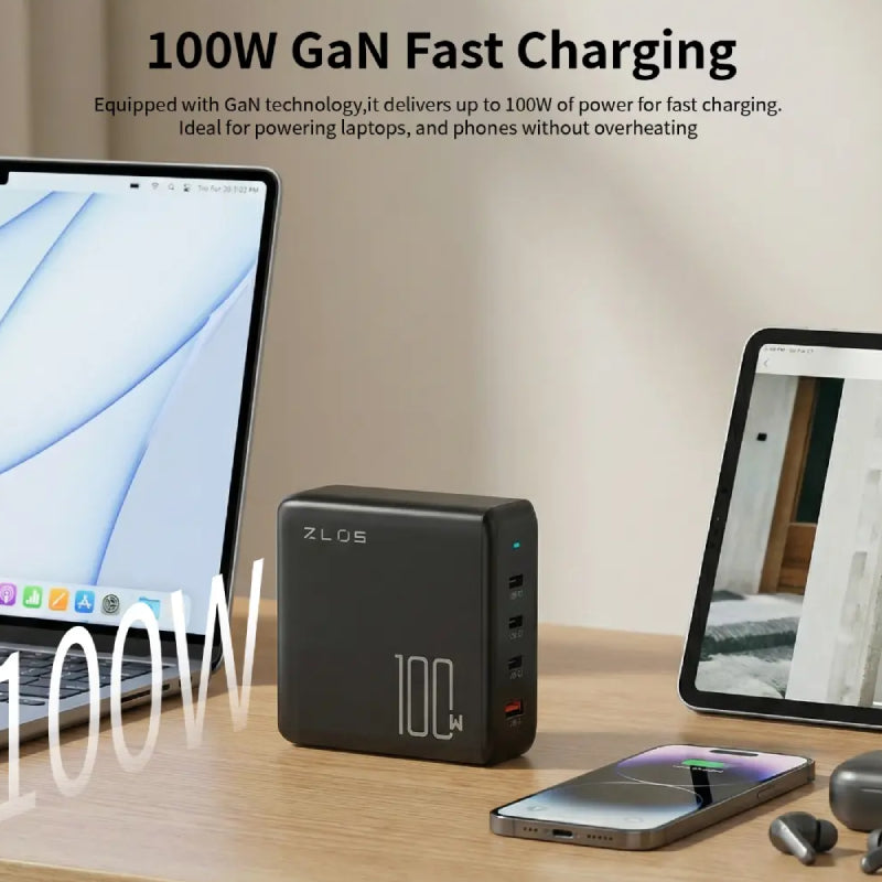 ZLOS 4-Port GaN Charger with Cable - 100W / USB-C / USB-A / Black