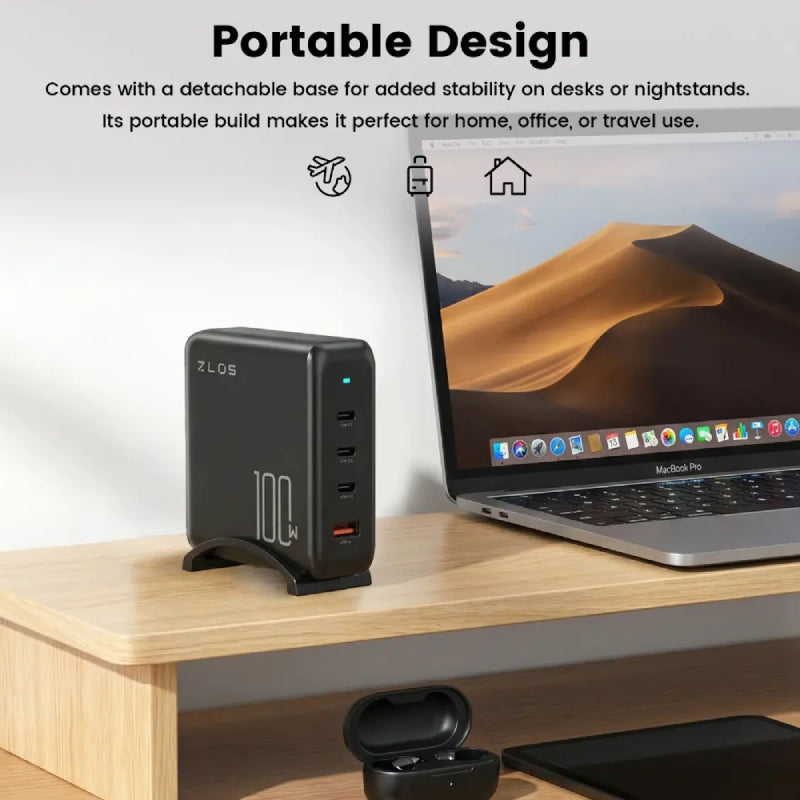ZLOS 4-Port GaN Charger with Cable - 100W / USB-C / USB-A / Black