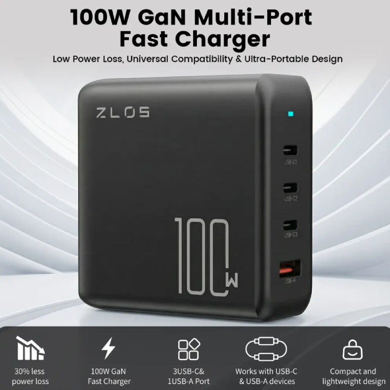 ZLOS 4-Port GaN Charger with Cable - 100W / USB-C / USB-A / Black