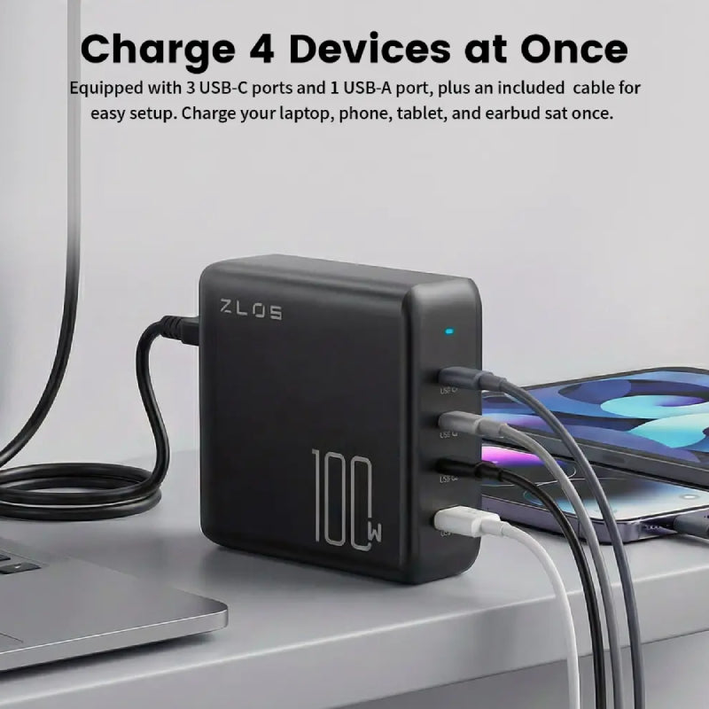 ZLOS 4-Port GaN Charger with Cable - 100W / USB-C / USB-A / Black