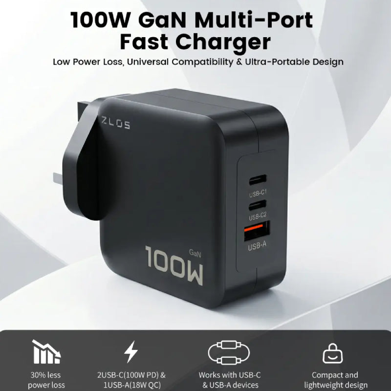 ZLOS GaN Multi-Port Fast Charger - 100W / USB-C / USB-A / Black