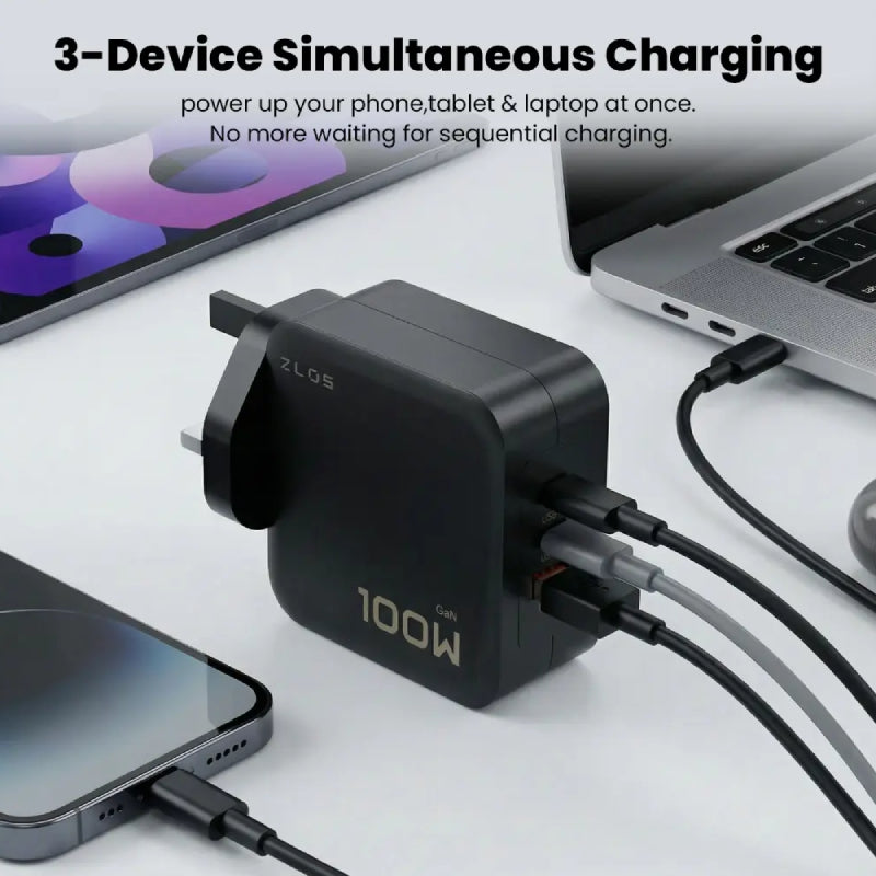 ZLOS GaN Multi-Port Fast Charger - 100W / USB-C / USB-A / Black