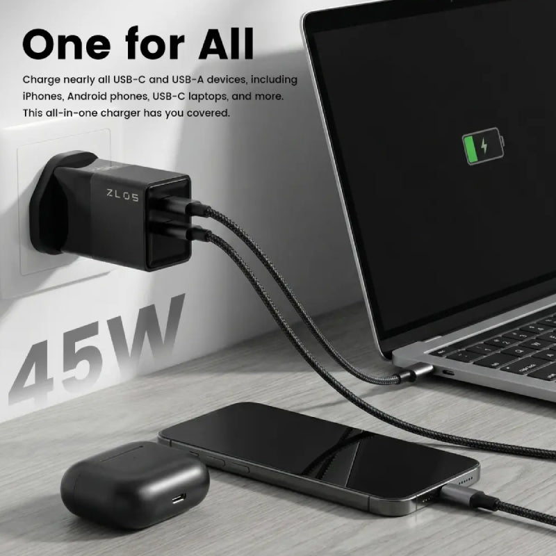 ZLOS 2-Port Gan Fast Charger - 45W / USB-C / USB-A / Black