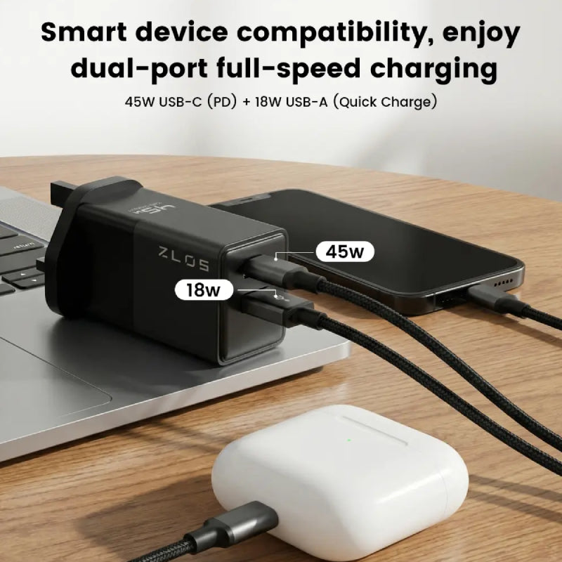 ZLOS 2-Port Gan Fast Charger - 45W / USB-C / USB-A / Black