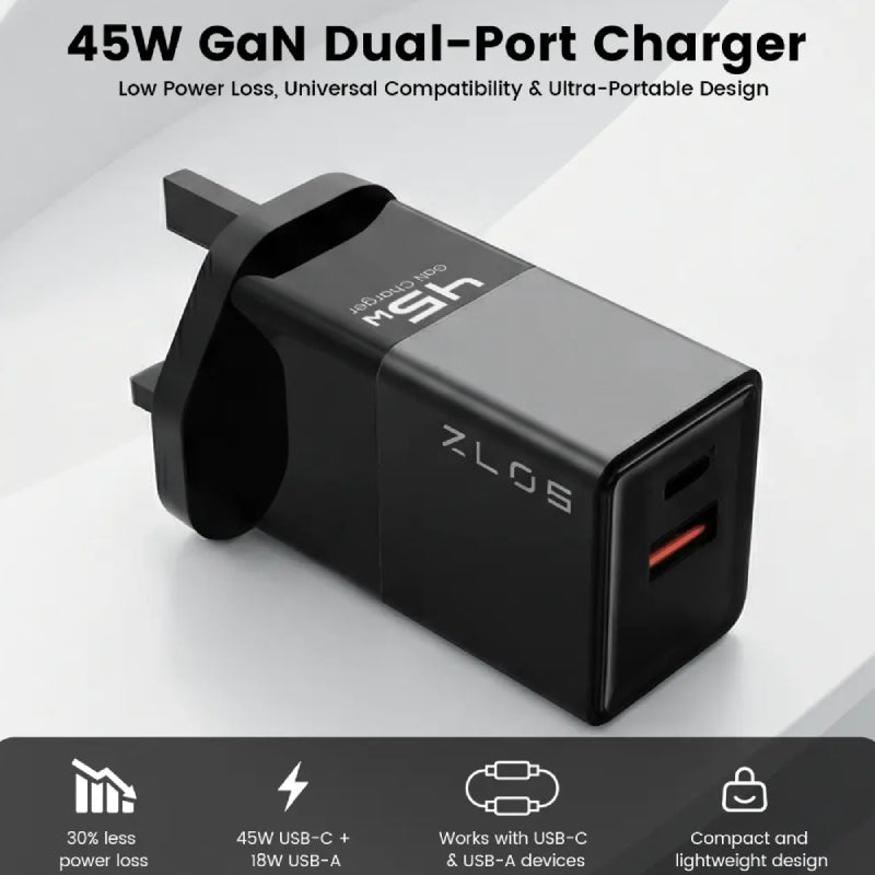 ZLOS 2-Port Gan Fast Charger - 45W / USB-C / USB-A / Black