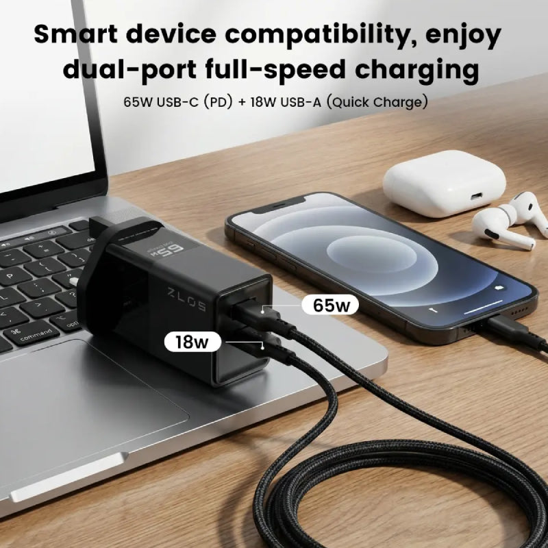 ZLOS Ontekka 2-Port Gan Fast Charger - 65W / USB-C / USB-A / Black