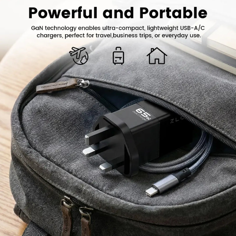 ZLOS Ontekka 2-Port Gan Fast Charger - 65W / USB-C / USB-A / Black