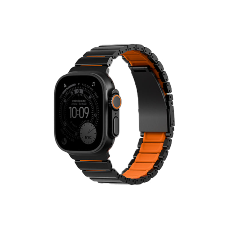 Uniq Strova Flex Self-Adjustable Steel Link Band for Apple Watch 49/46/45/44mm - Midnight Black/Volt Orange