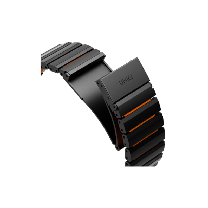 Uniq Strova Flex Self-Adjustable Steel Link Band for Apple Watch 49/46/45/44mm - Midnight Black/Volt Orange