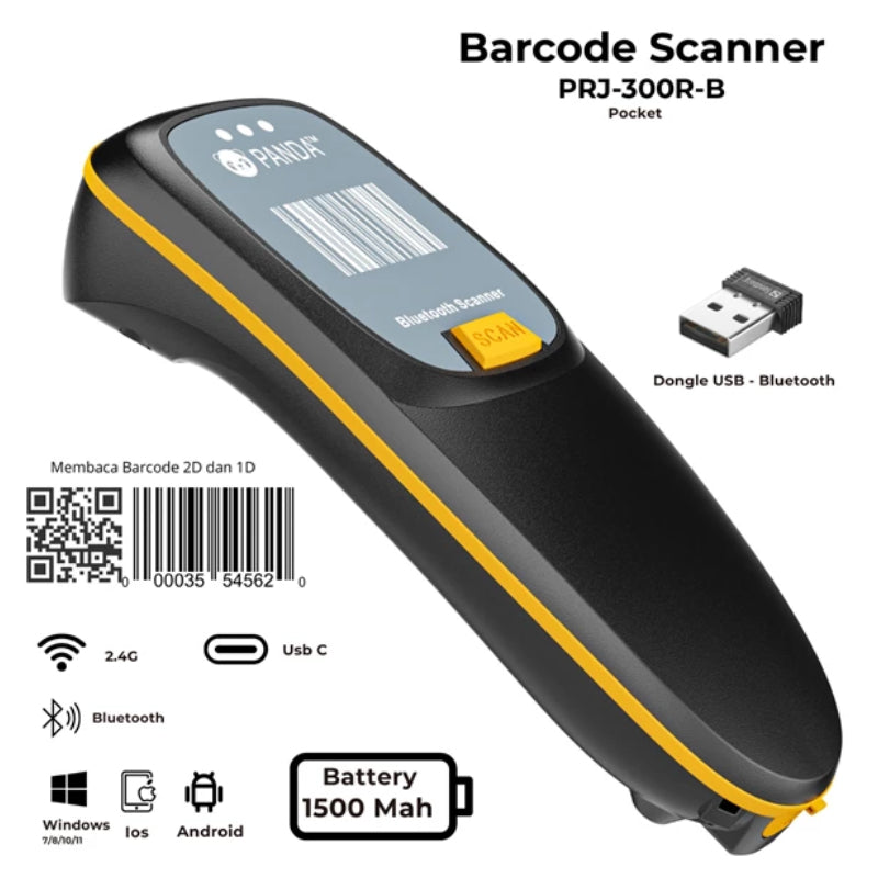 PANDA 2D Pocket Portable Panda PRJ 300R Barcode Scanner - 30fps/s / Bluetooth / 1500mAh / Black
