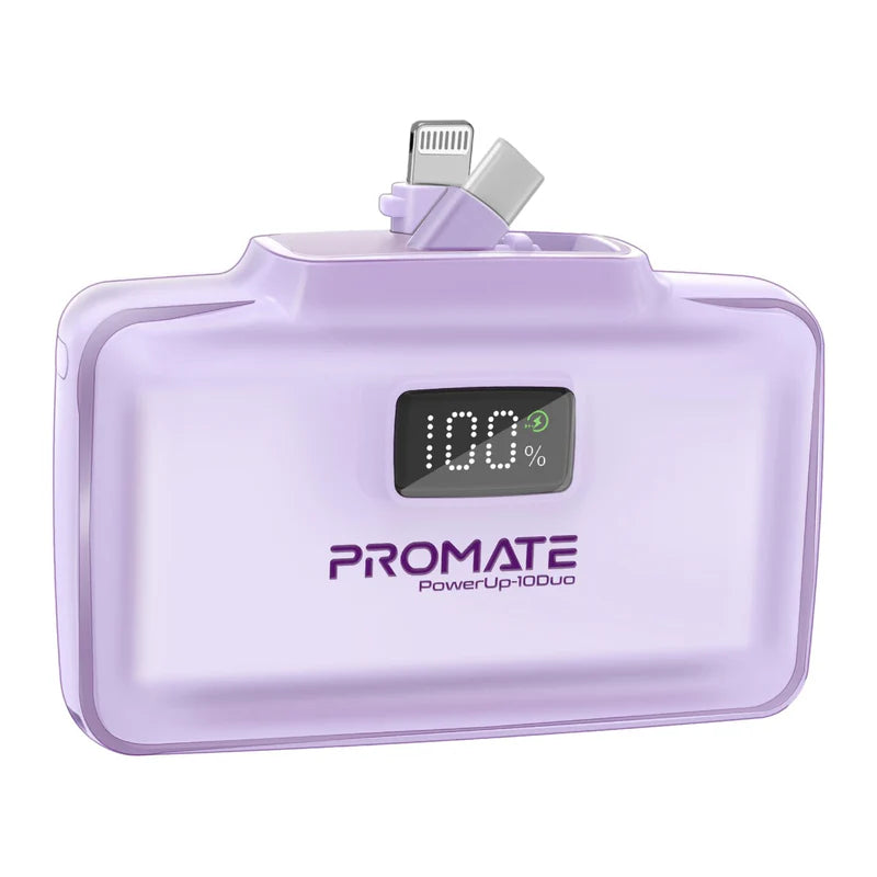 PROMATE PowerUp-10Duo Ultra-Compact Fast Charging Power Bank - 20W / USB-C / Lightning / Purple