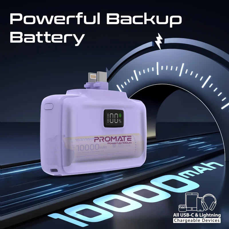 PROMATE PowerUp-10Duo Ultra-Compact Fast Charging Power Bank - 20W / USB-C / Lightning / Purple