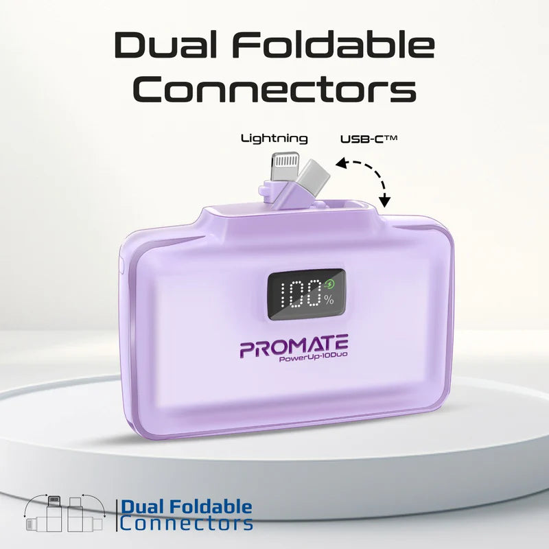 PROMATE PowerUp-10Duo Ultra-Compact Fast Charging Power Bank - 20W / USB-C / Lightning / Purple